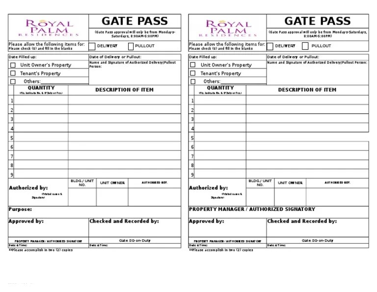 GATE PASS Template PDF