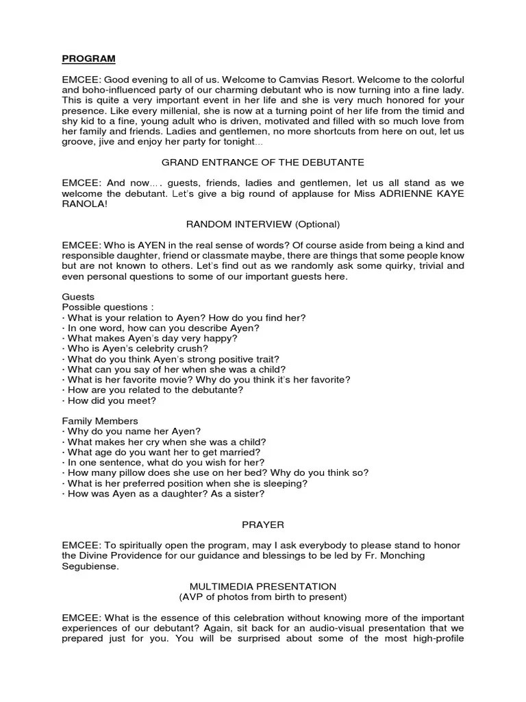 Debut/Birthday Party Script Template