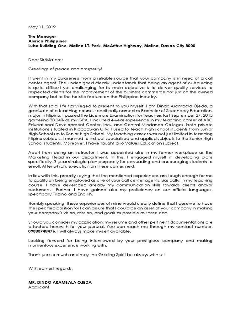 Application Letter For Call Center Alorica PDF