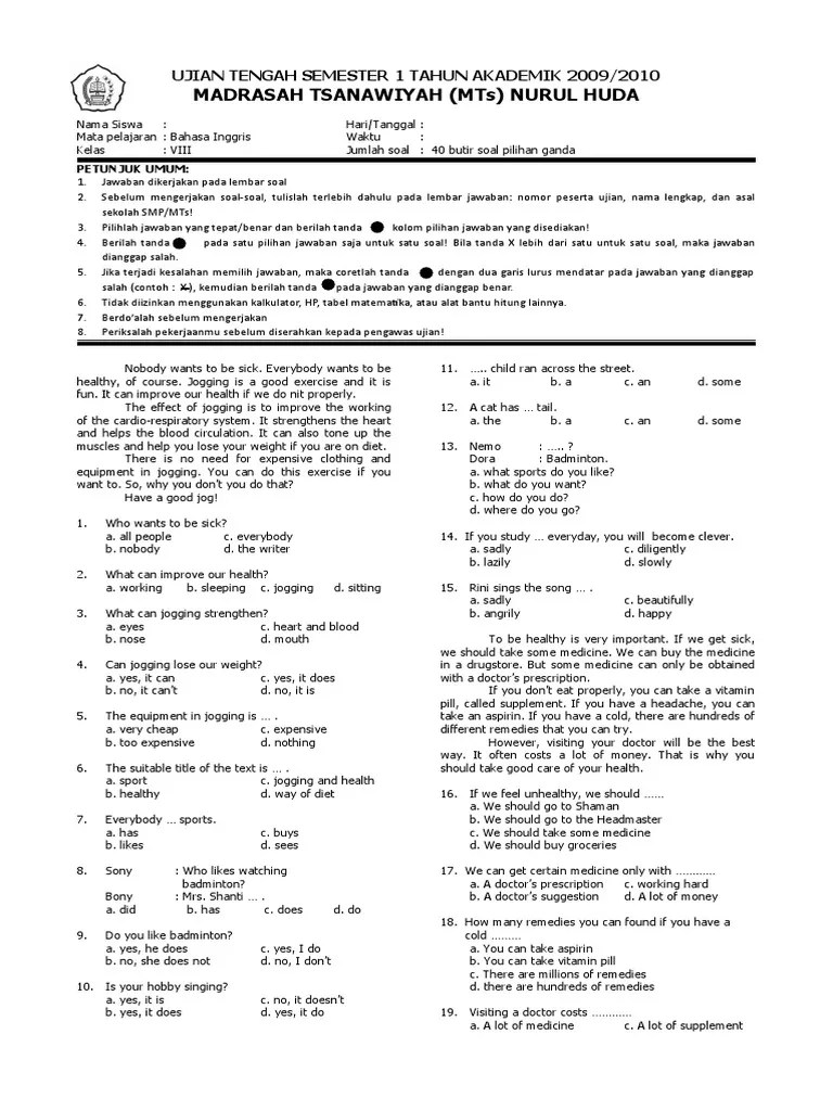 Contoh Soal Ulangan Harian Bahasa Inggris Kelas 8 Chapter 2