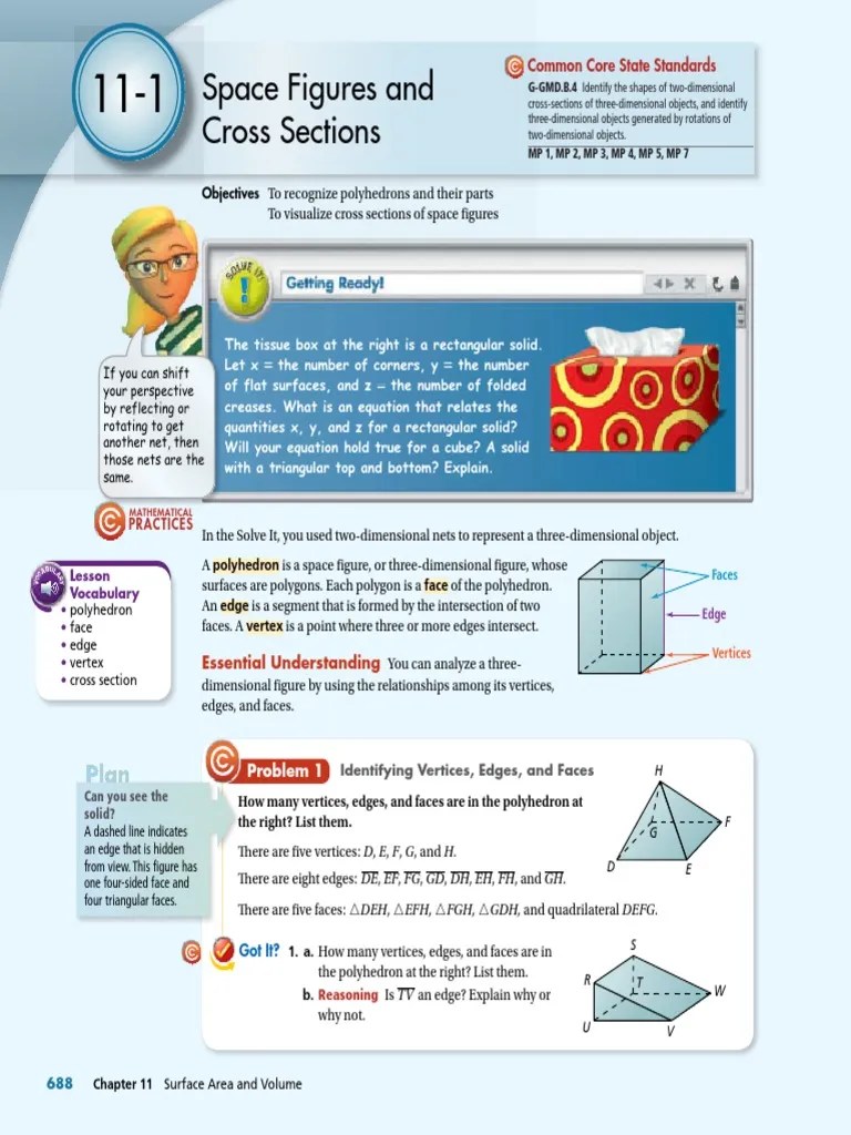 11-1 Space Figures and Cross Sections | PDF | Vertex (Geometry