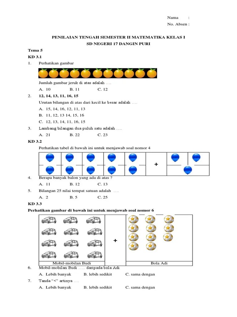 Soal Uts Kelas 1 Semester 2 Matematika | PDF