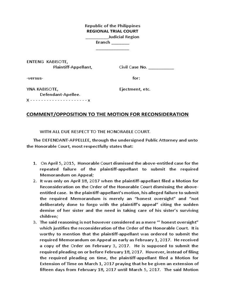 Comment or Opposition To The Motion For Reconsideration PDF