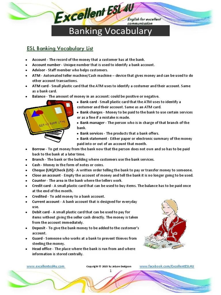 Banking Vocabulary Worksheet PDF