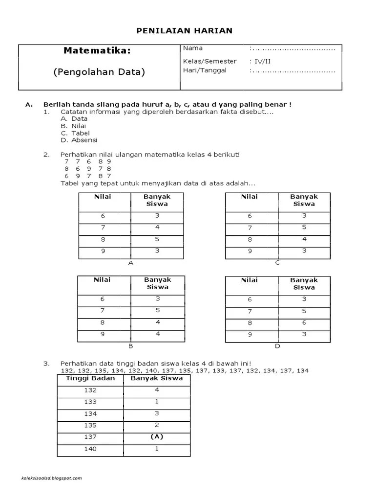 Penilaian Harian Matematika Kelas 4 Semester 2 (Pengolahan Data) | PDF