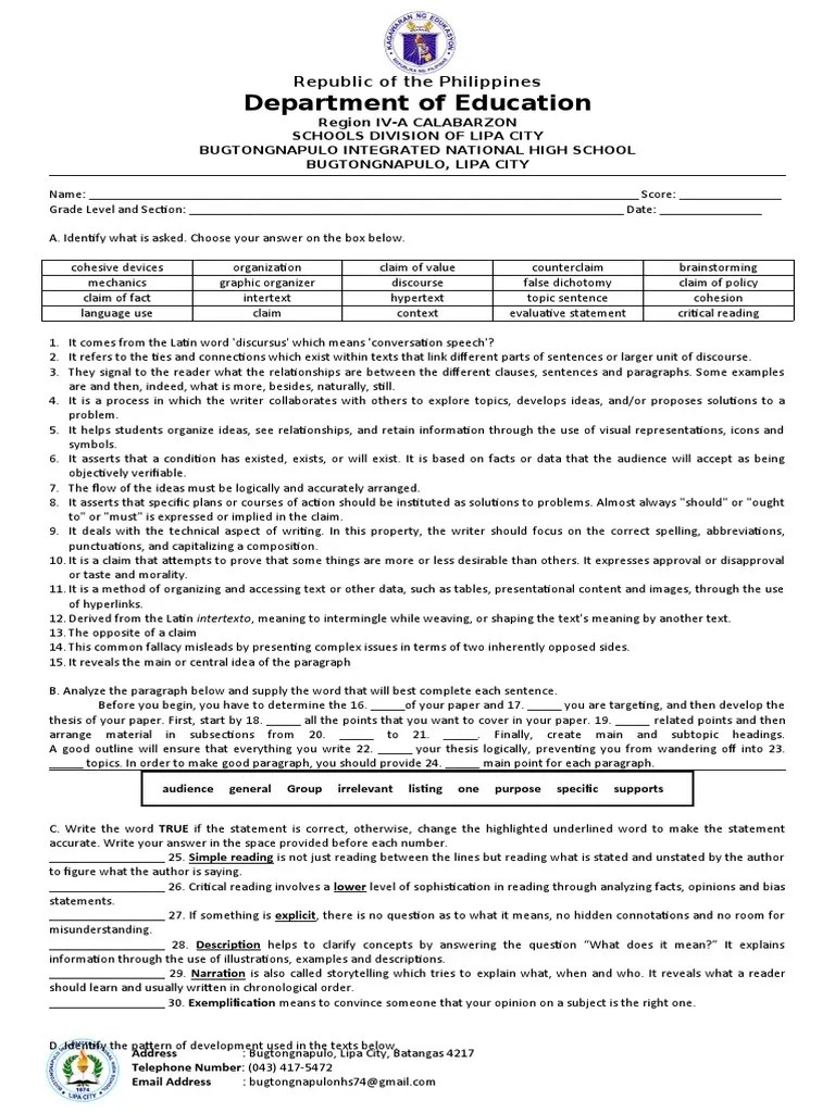 Long Test in Reading and Writing Grade 11 PDF Sentence (Linguistics