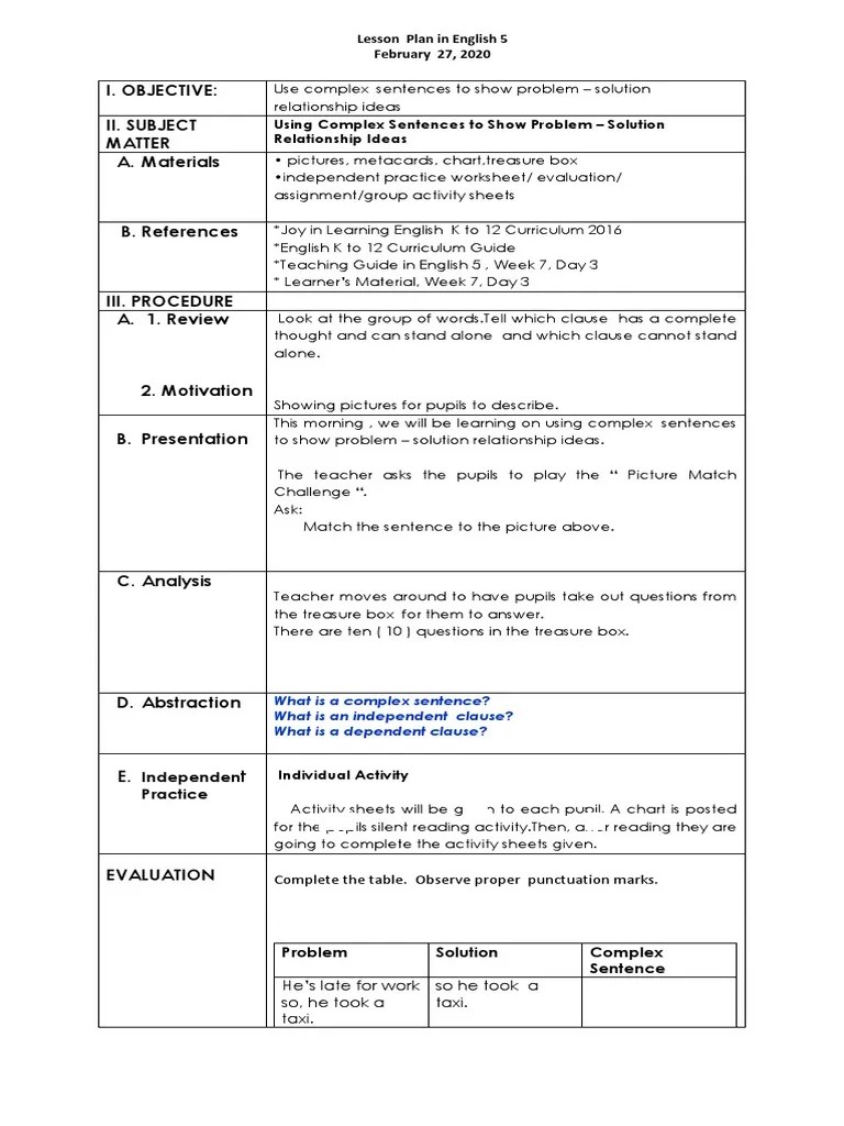 Cot Template PDF Sentence (Linguistics) Lesson Plan