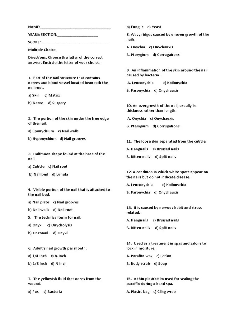 Test Questions GRADE 9 NAIL CARE | PDF | Nail (Anatomy) | Medical