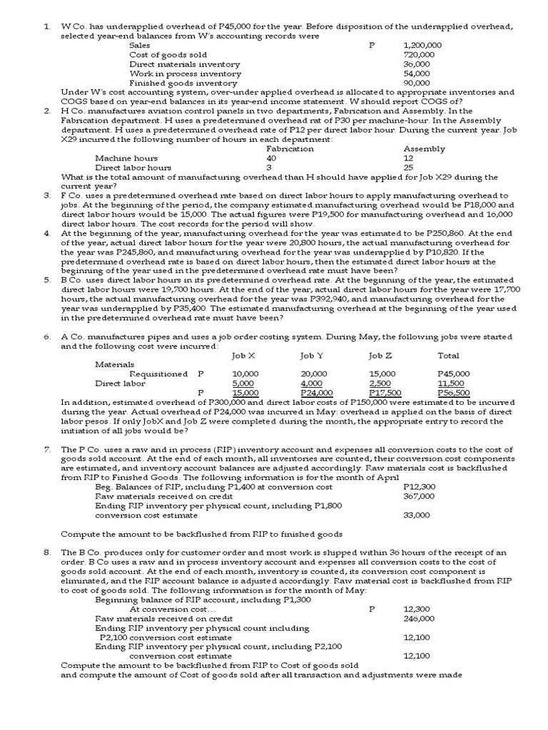 Cost Accounting Exercises PDF Cost Of Goods Sold Inventory