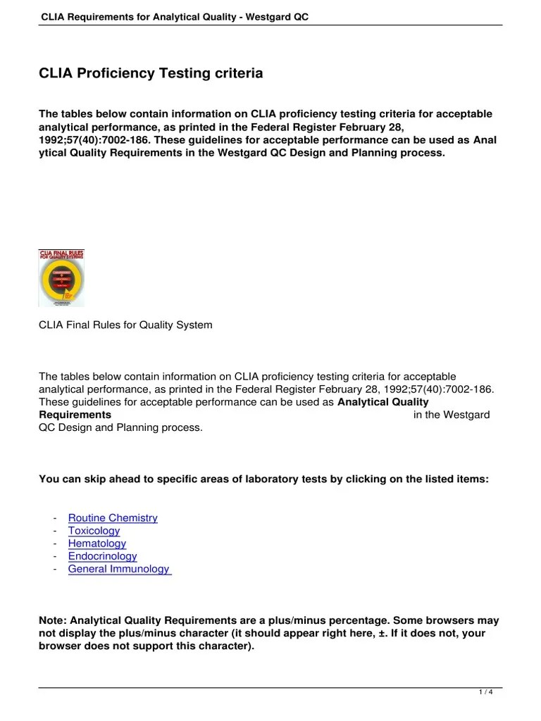 CLIA Requirements for Analytical Quality Westgard QC Acceptable