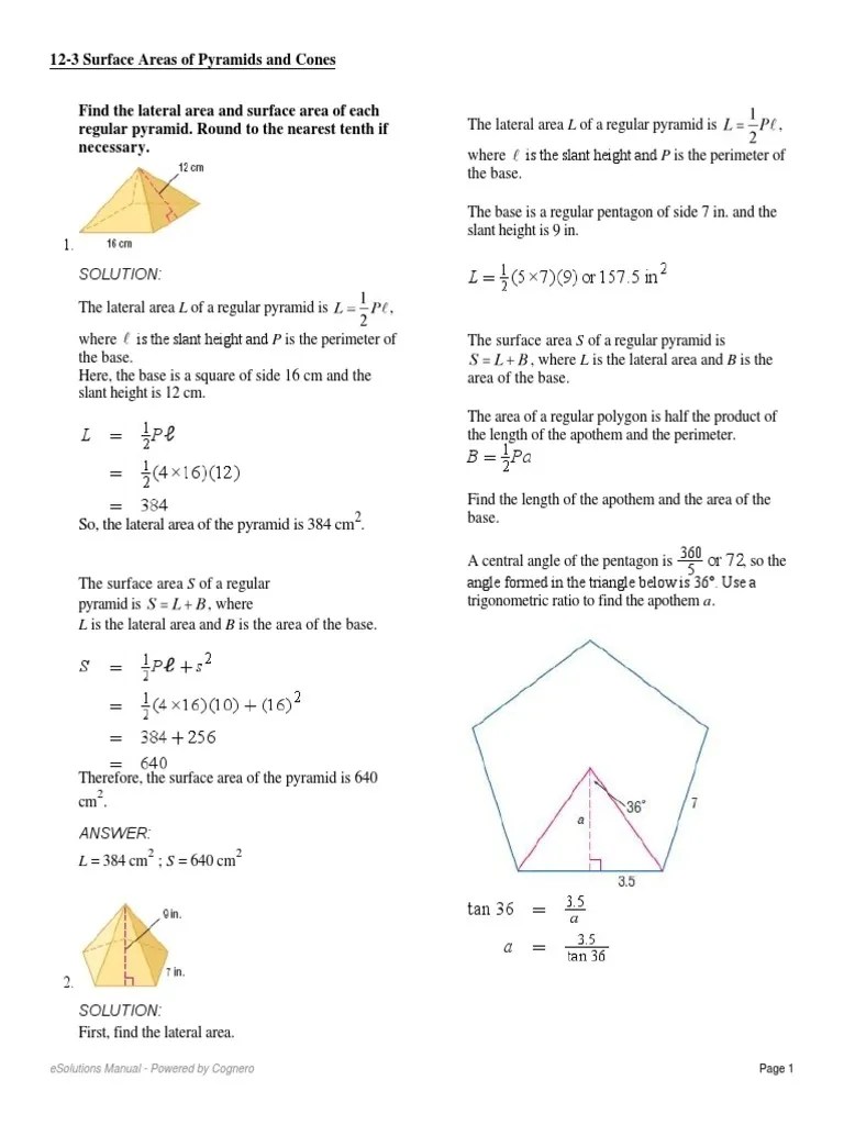 123 Surface Areas of Pyramids and Cones PDF Area Triangle