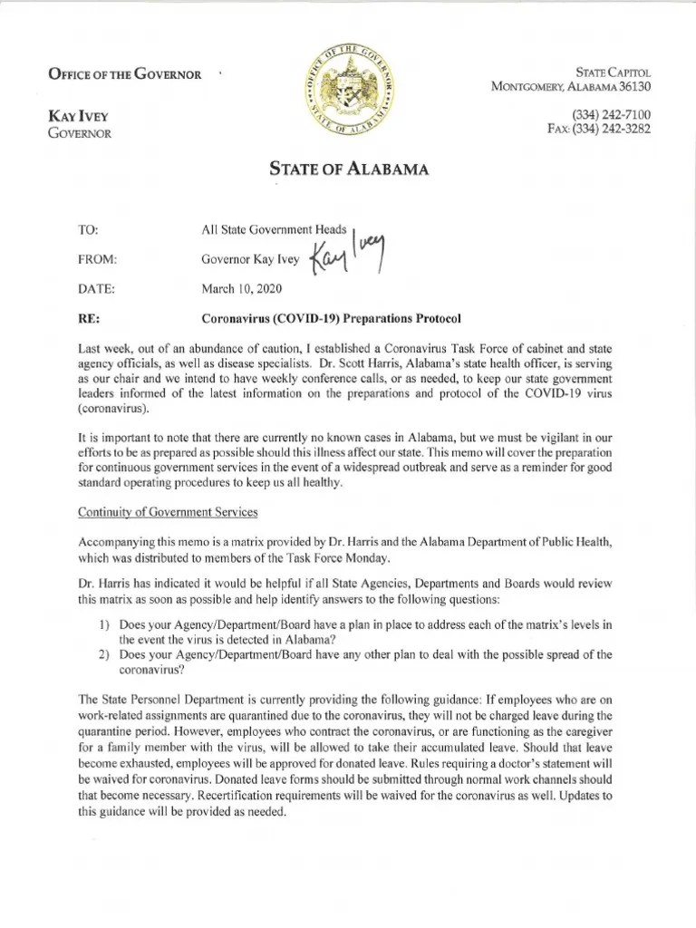 Governor Ivey Memo to State Agencies on Coronavirus
