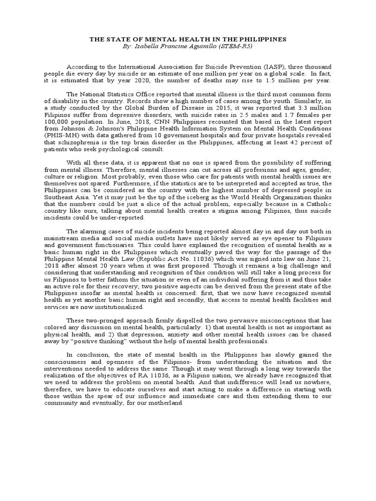 THESTATEOFMENTALHEALTHINTHEPHILIPPINES.docx Mental Disorder Mental Health Free 30