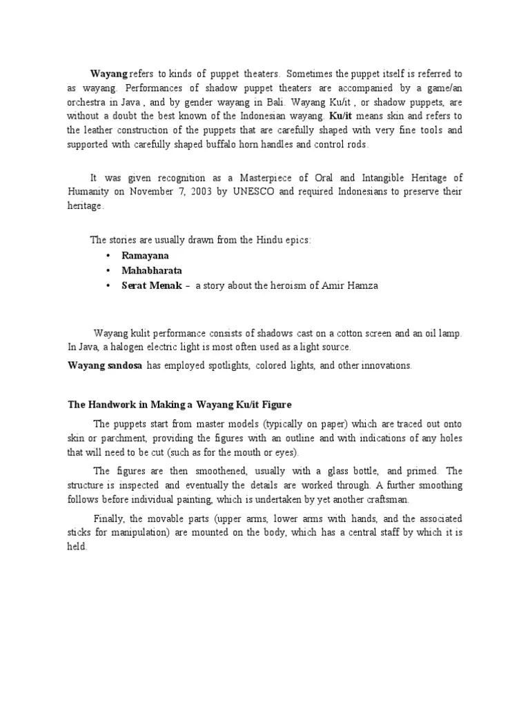Wayang Refers To Kinds of Puppet Theaters PDF Performing Arts