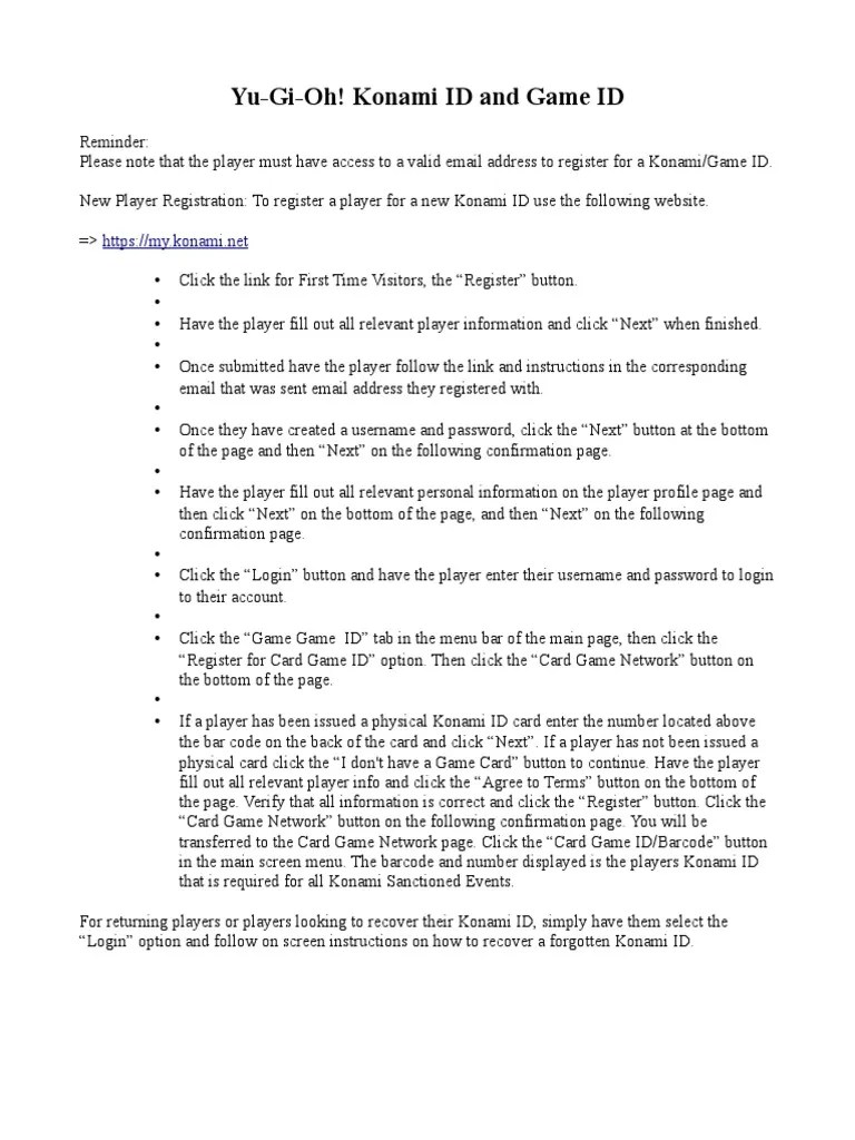 Konami ID and Registration PDF Barcode Password