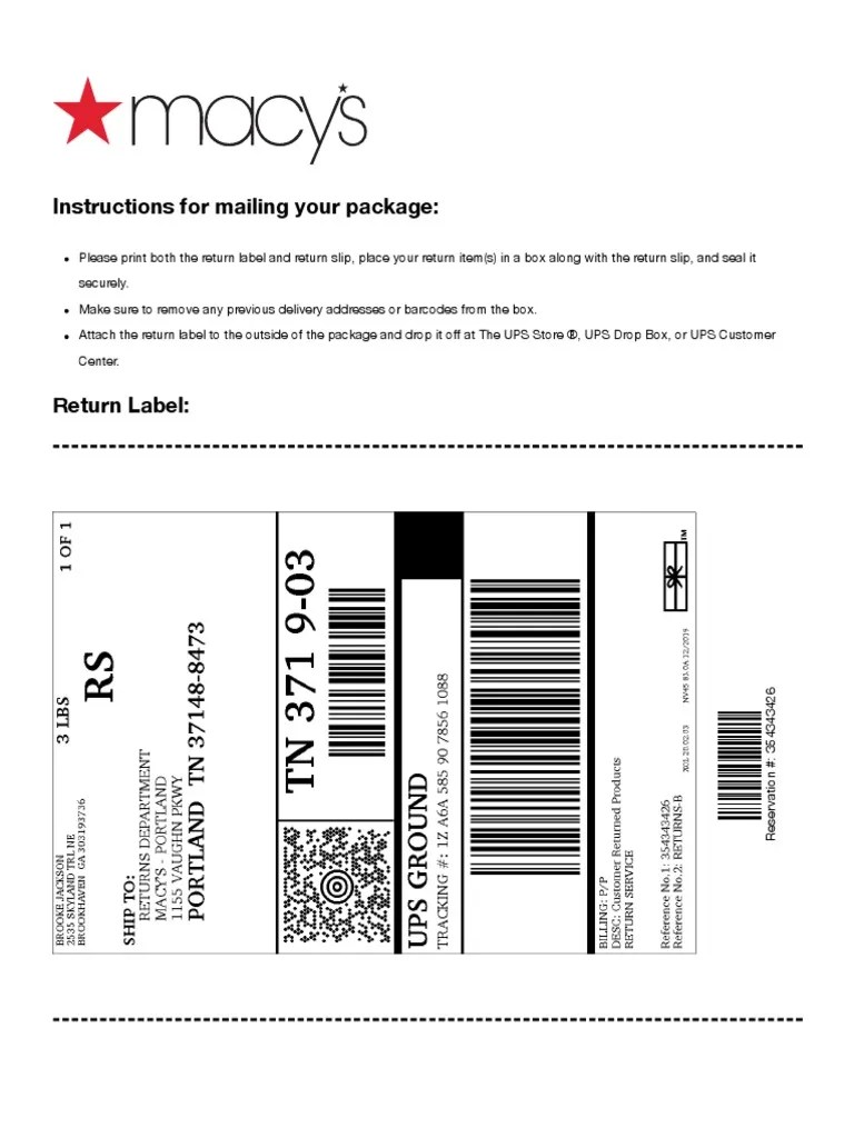 Macy's Order Return PDF Universal Product Code Receipt
