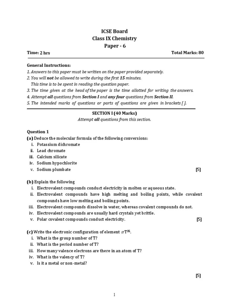 Chemistry Class 9 ICSE Question Paper 2 PDF Chemical Compounds Hydrogen