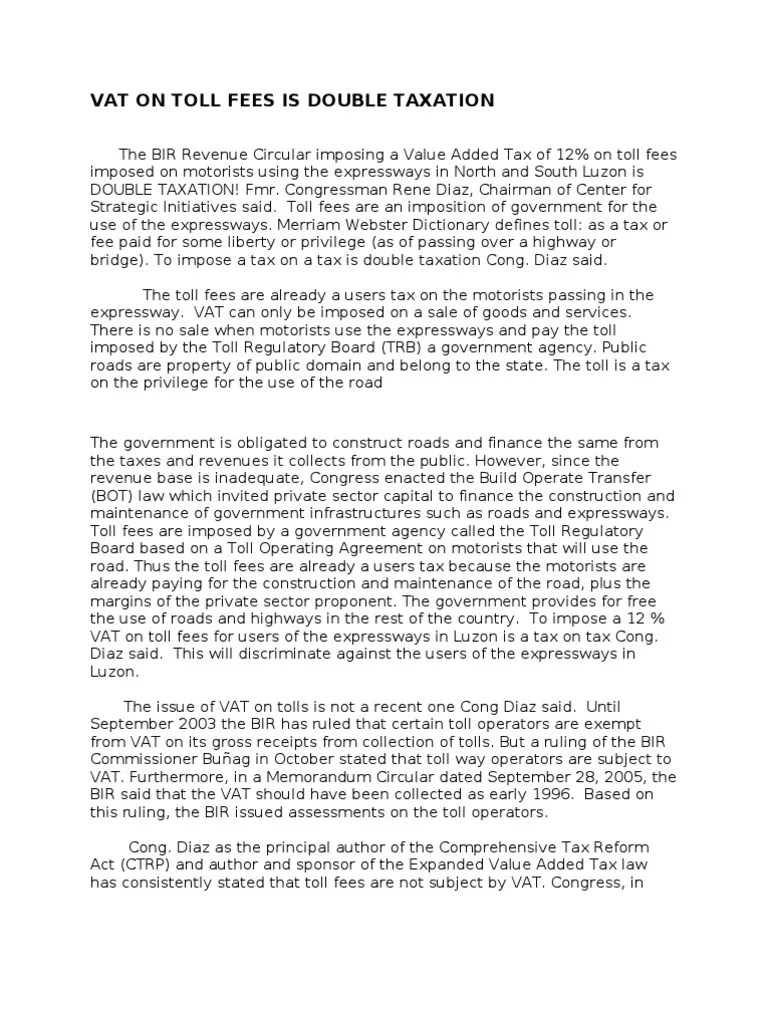 Vat On Toll Fees Is Double Taxation PDF Toll Road Value Added Tax