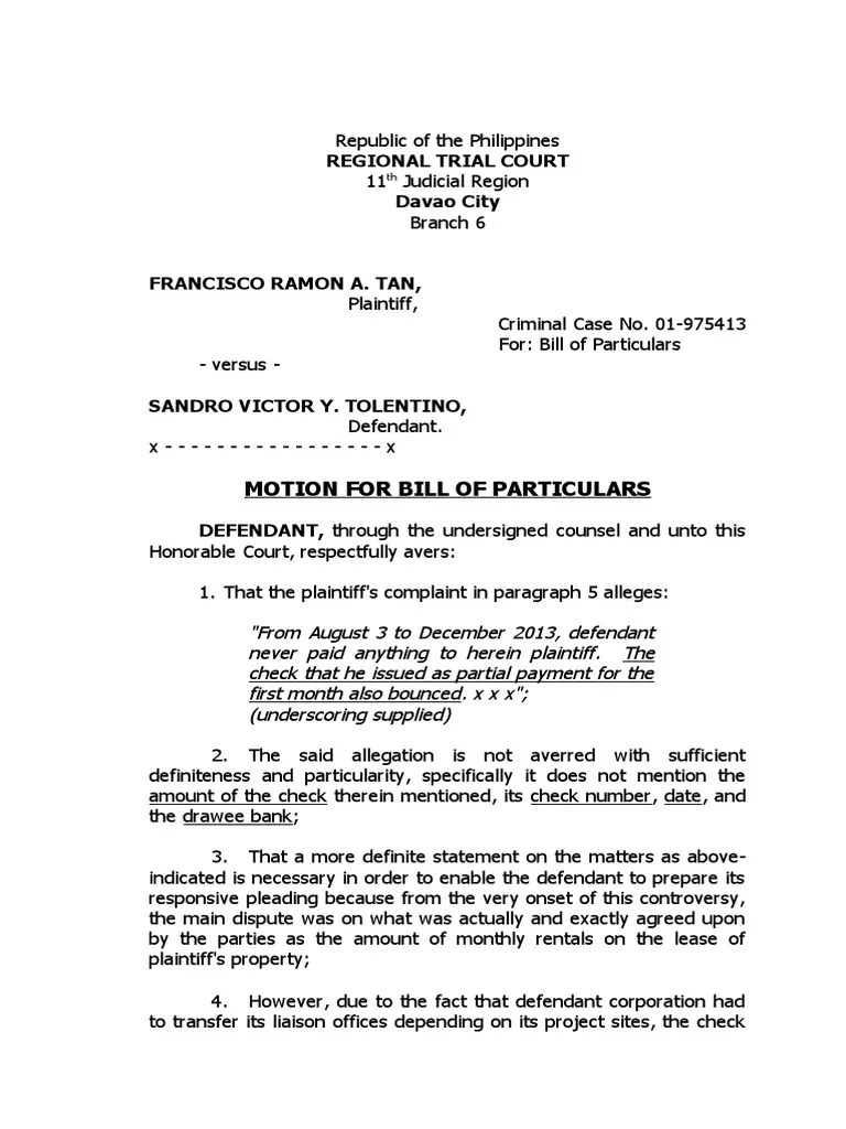 Motion For Bill of Particulars PDF Pleading Separation Of Powers