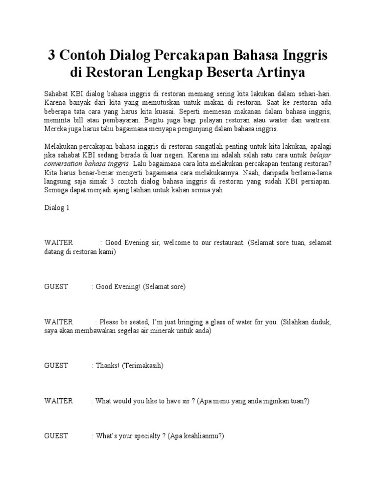 3 Contoh Dialog Percakapan Bahasa Inggris Di Restoran Lengkap Beserta  Artinya | PDF