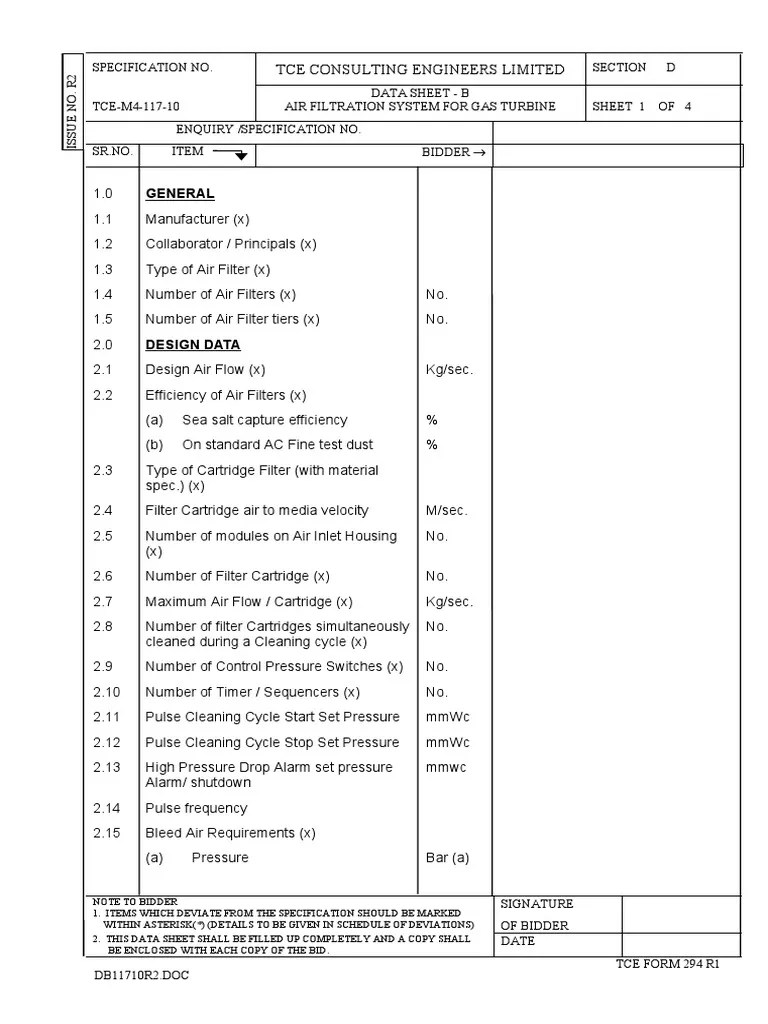Air Filtration System For Gas Turbine Data Sheet B PDF Filtration