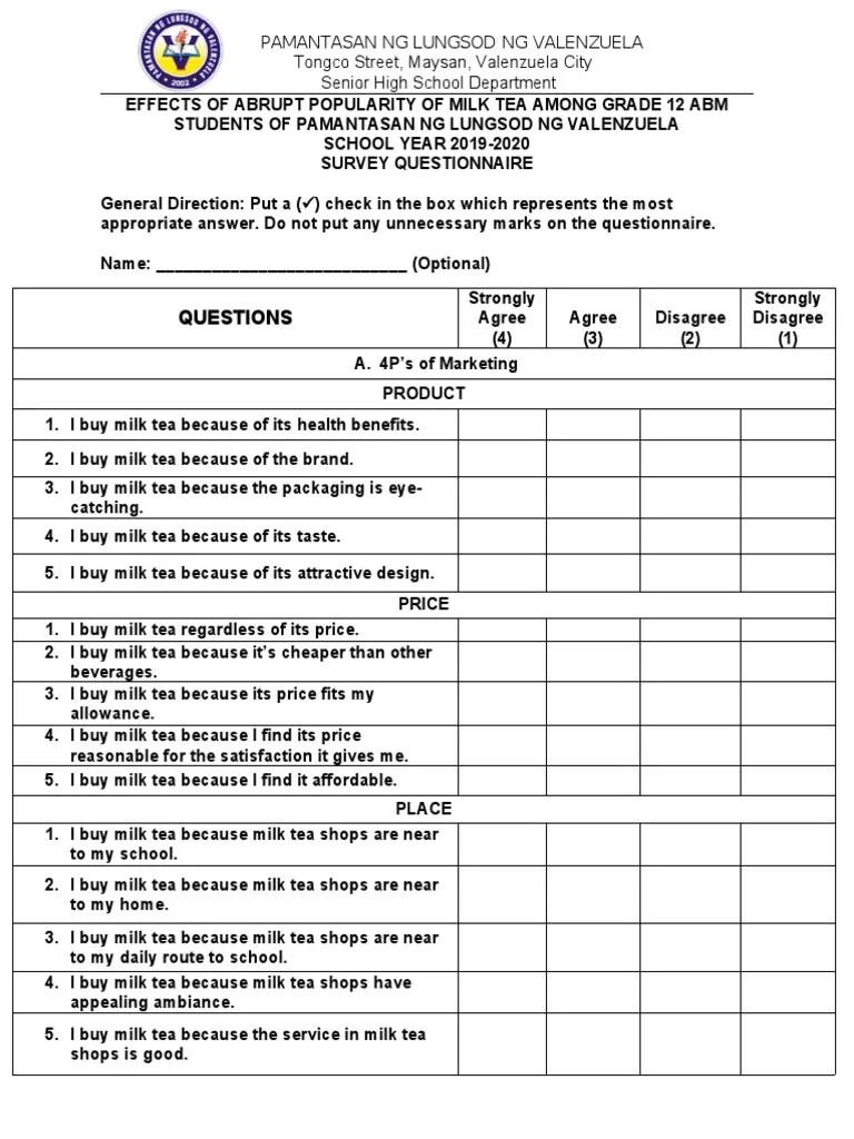 Milk Tea Survey Questionnaire Tea Milk