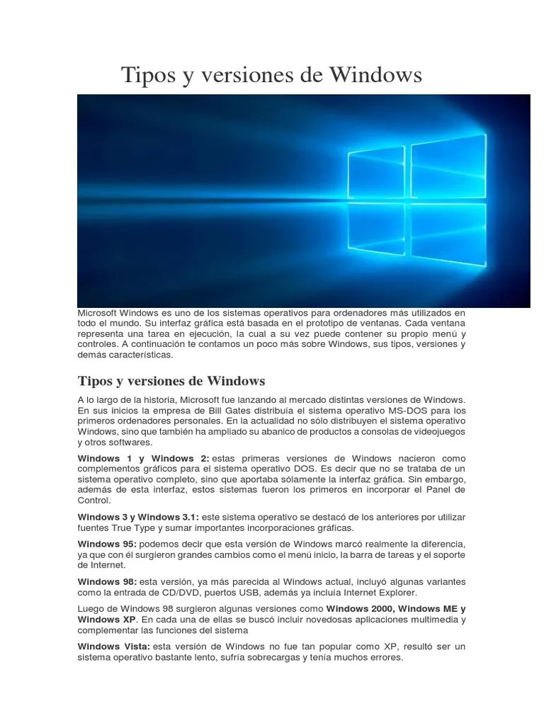 Tipos y versiones de Windows Microsoft Windows Windows 10