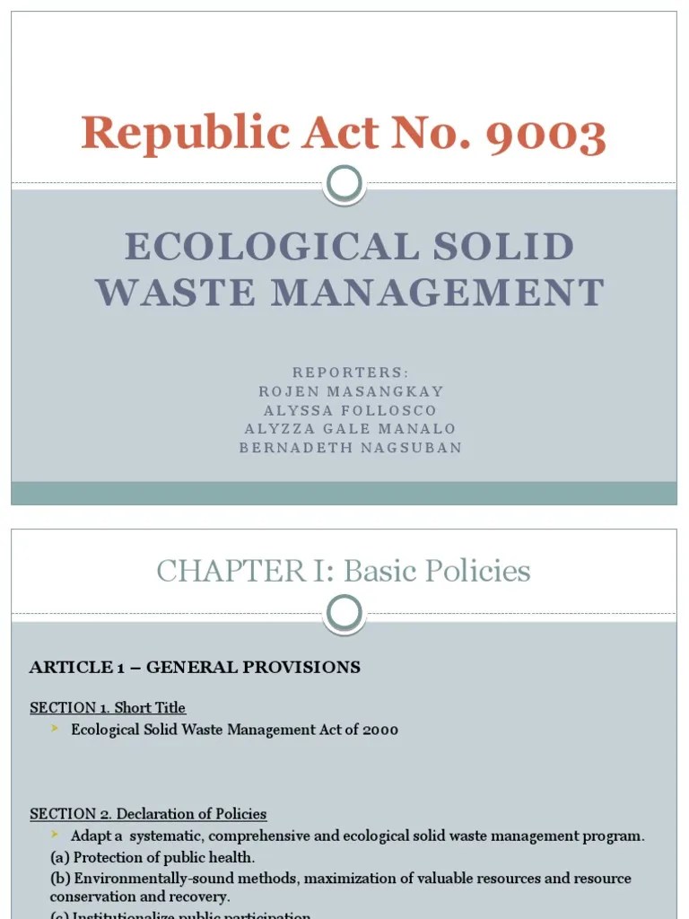The Ecological Solid Waste Management Act of 2000 Establishing a