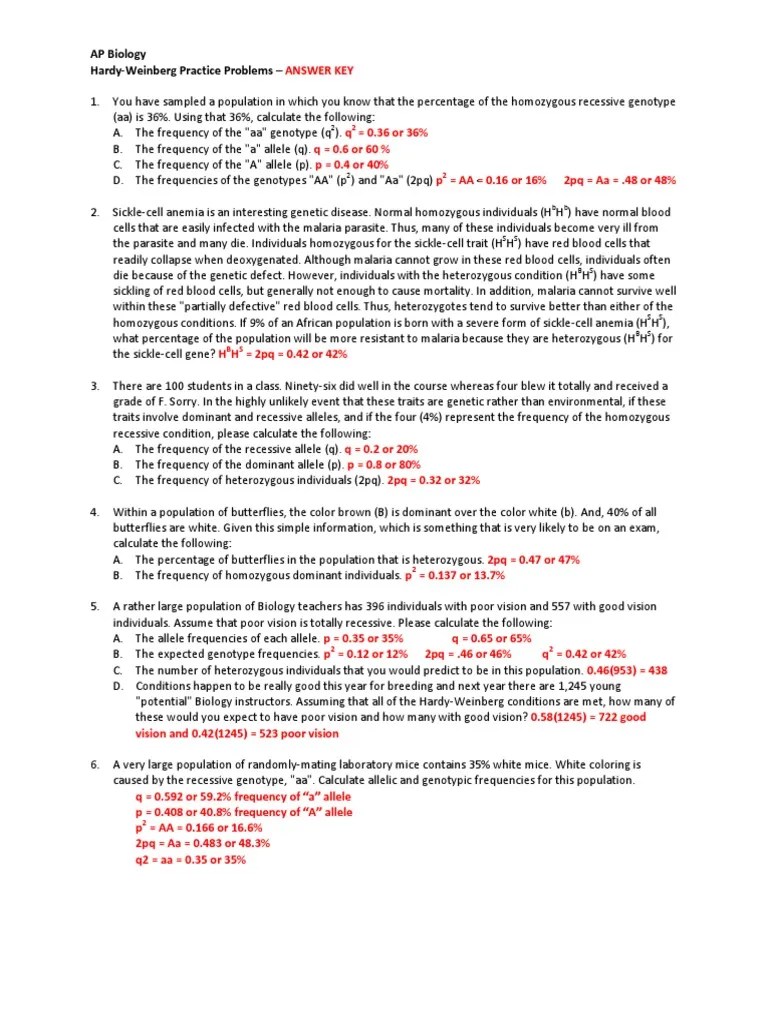HardyWeinberg Practice Problems 2017 ANSWER KEY PDF PDF Zygosity Dominance