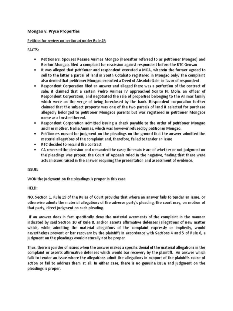 Mongao V Pryce Properties PDF Pleading Affirmative Defense