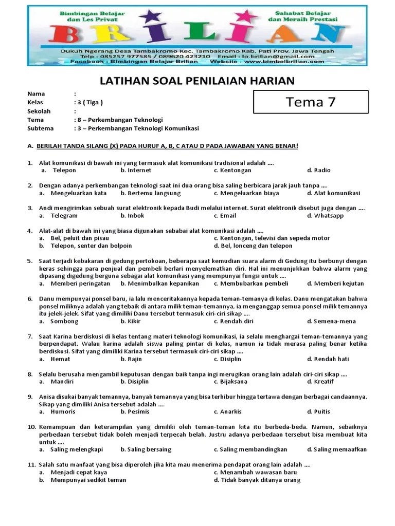 Soal Tematik Kelas 3 SD Tema 7 Subtema 3 Perkembangan Teknologi Produksi  Komunikasi - WWW - Bimbelbrilian PDF