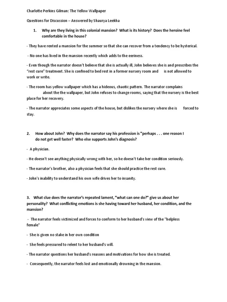 "The Yellow Wallpaper" Questions PDF The Yellow Wallpaper