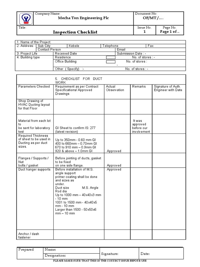 Duct Inspection Checklist Duct (Flow) Civil Engineering