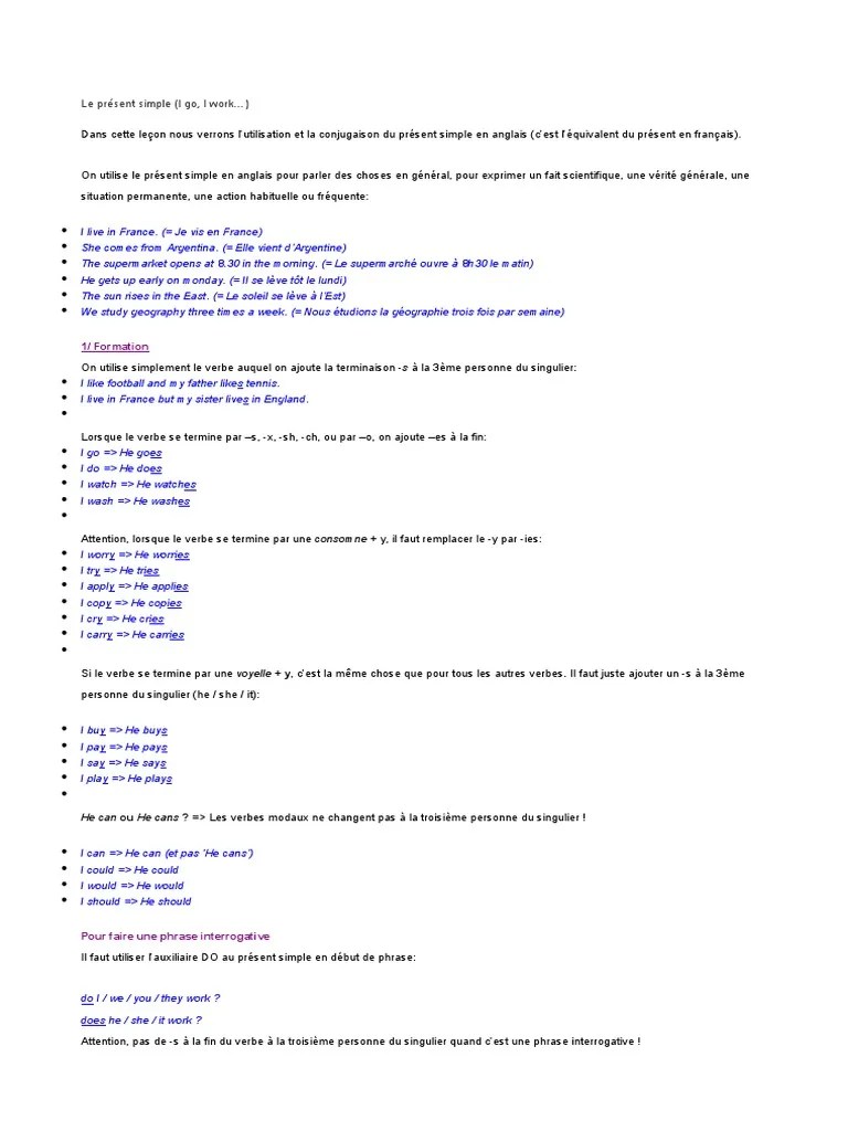 Present Simple Anglais Cours | PDF | Verbe | Phrase