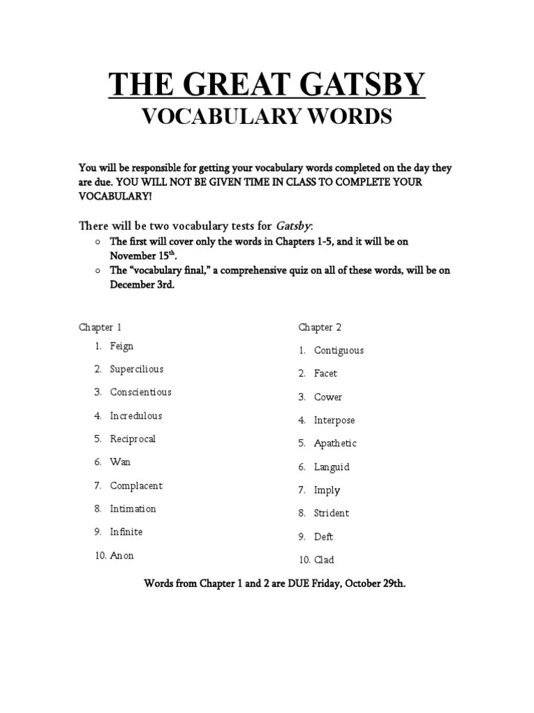 The Great Gatsby Vocabulary Words