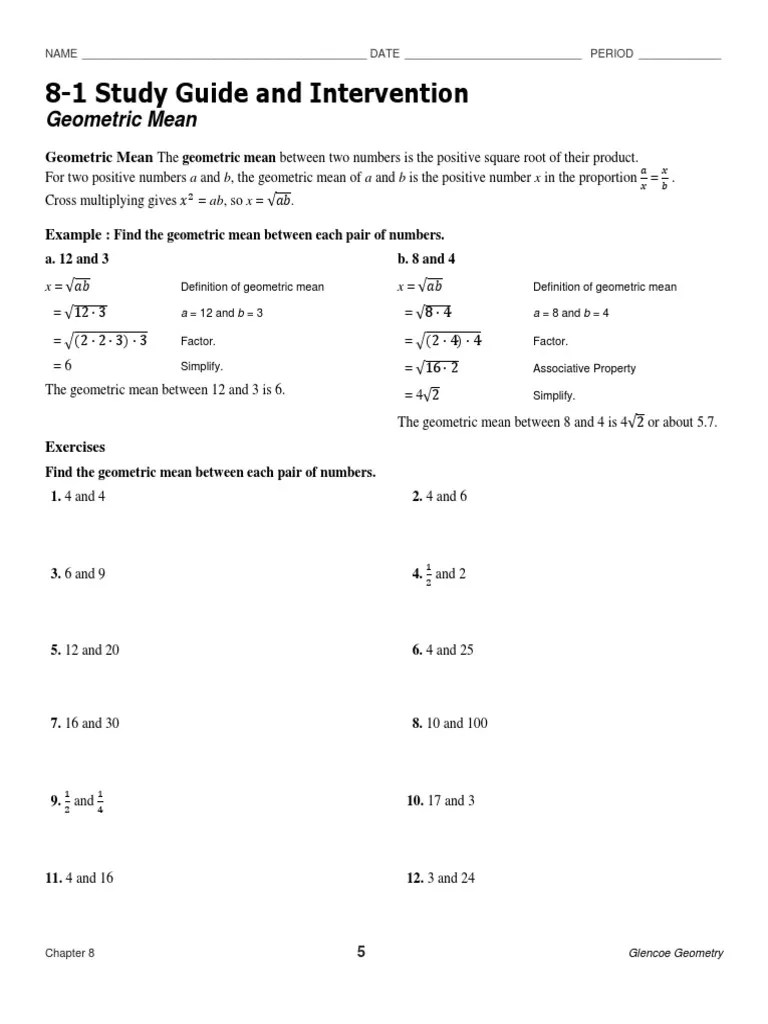 81 Study Guide and Intervention Geometric Mean PDF Geometry Euclid