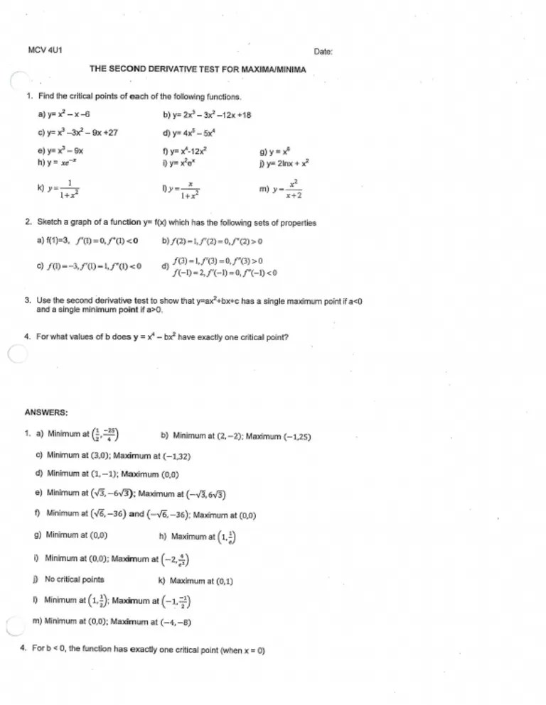 4.2 The Second Derivative Test Worksheet PDF
