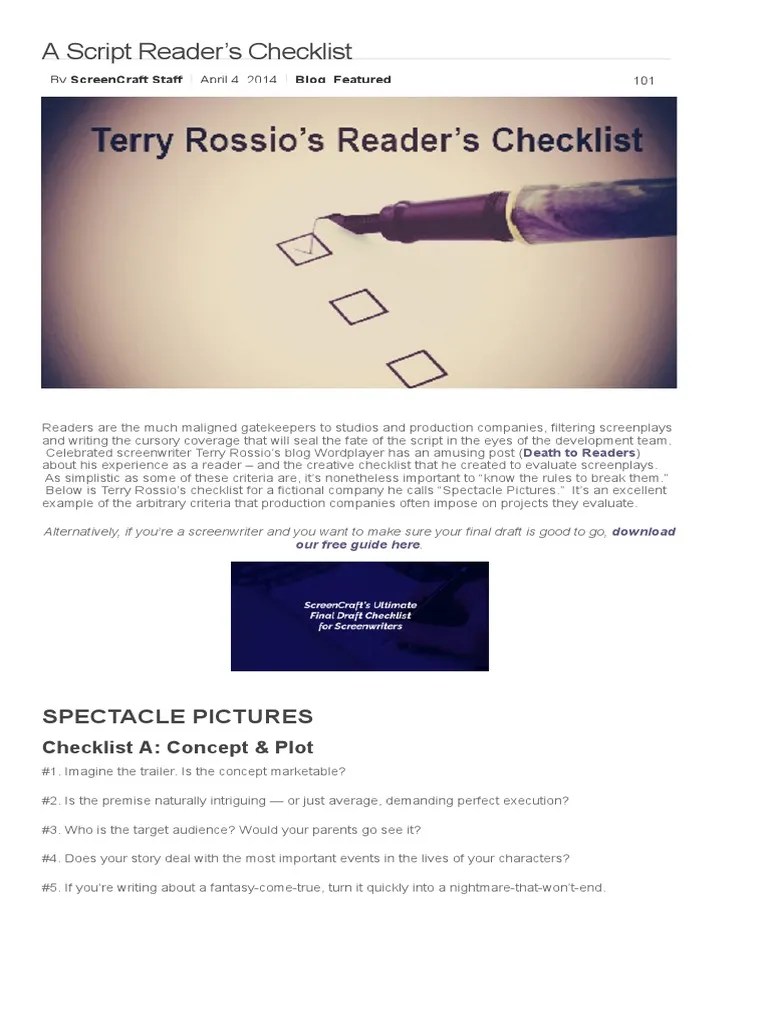 A Script Reader’s Checklist Spectacle Pictures Screenplay