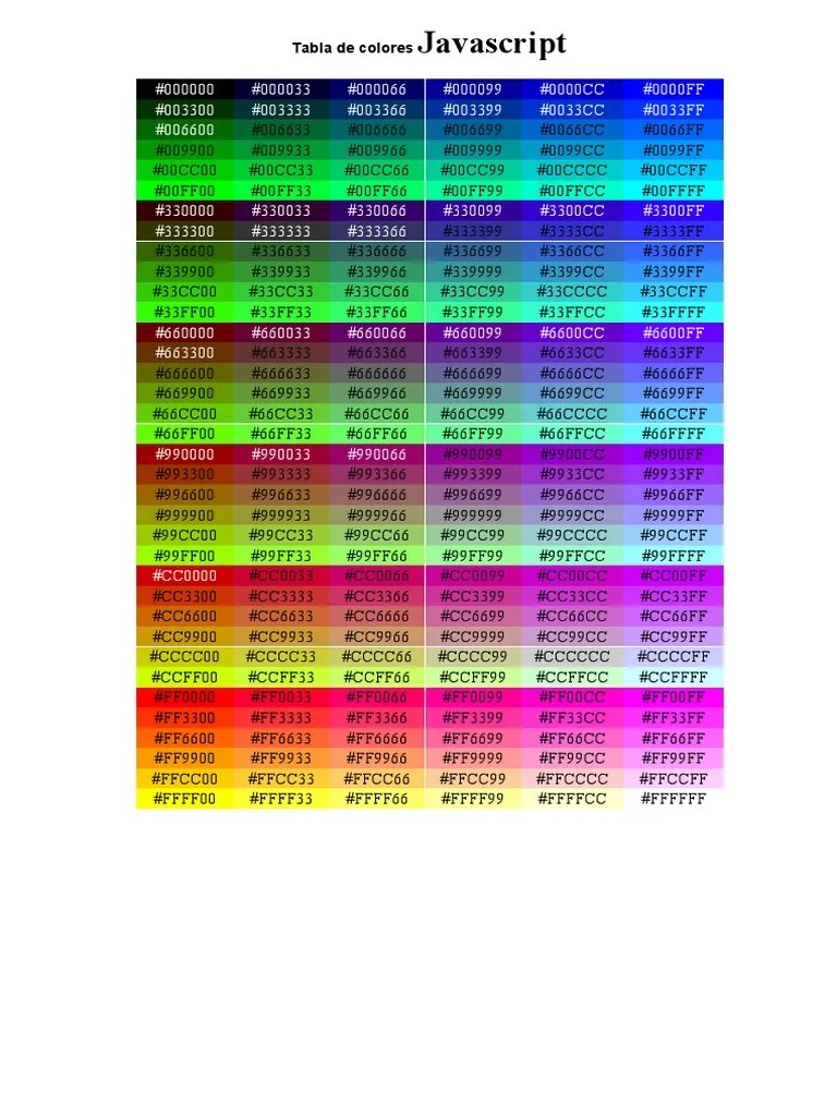 A comprehensive list of hexadecimal color codes arranged in a table for