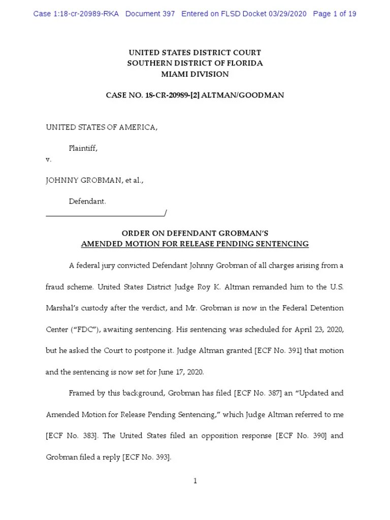 Magistrate Judge Goodman Grants Release Pending Sentencing PDF
