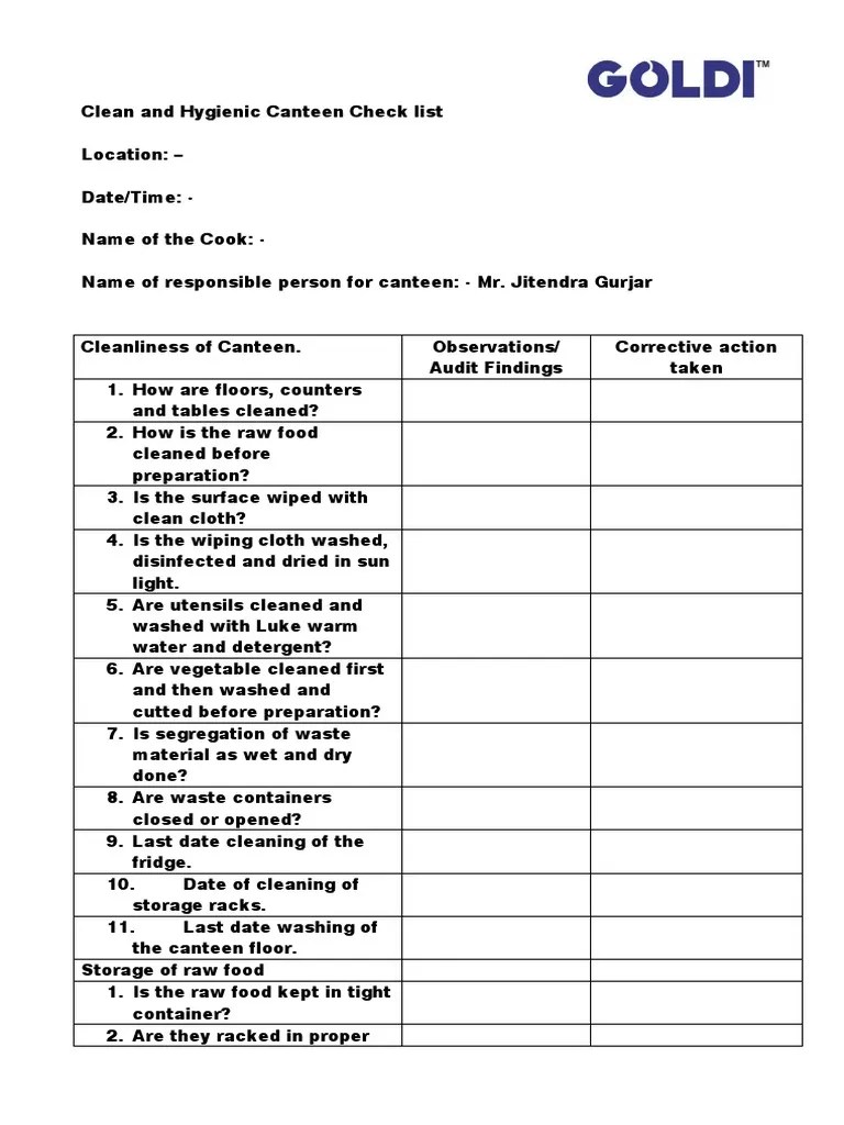 Canteen Audit Check List PDF Hygiene Foods