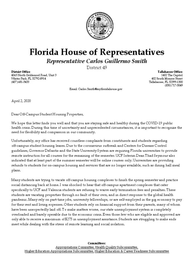 Rep. Smith Letter Offcampus Student Housing Managers Dormitory