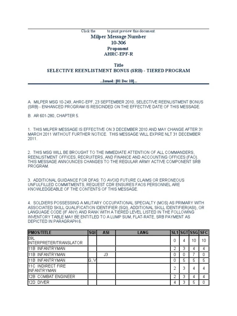 Selective Reenlistment Bonus Message Milper Message 10306 Military