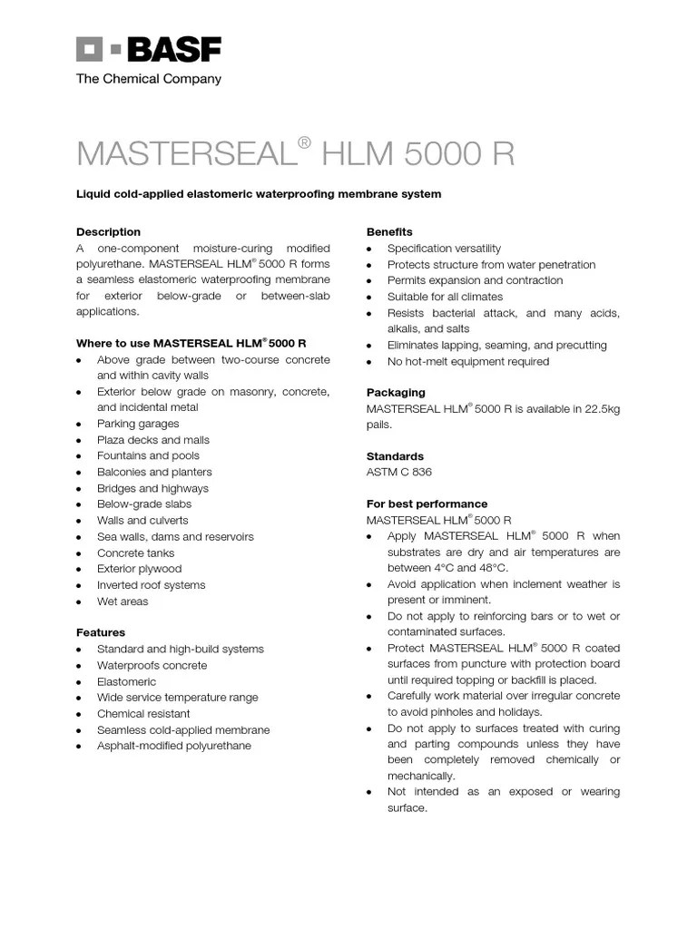 Masterseal HLM 5000 R Liquid ColdApplied Elastomeric Waterproofing