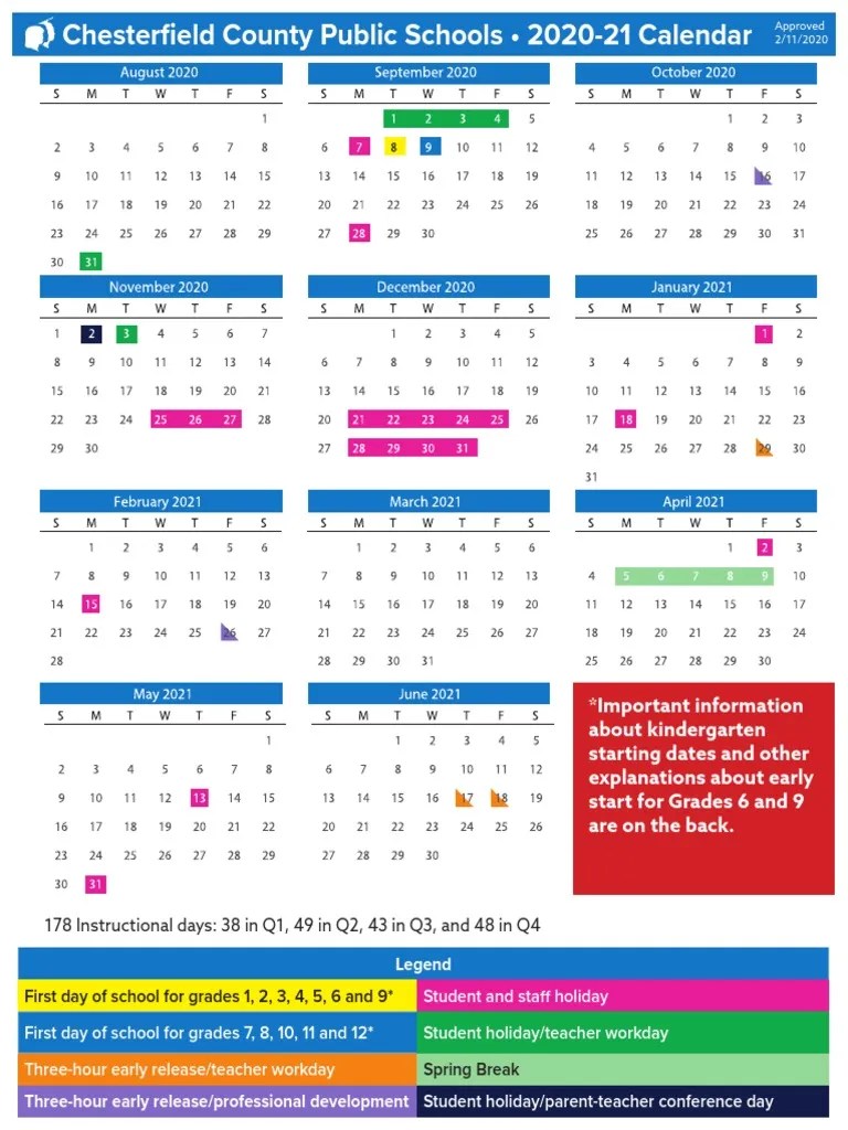 Chesterfield Schools 202021 Calendar PDF Schools Cognition
