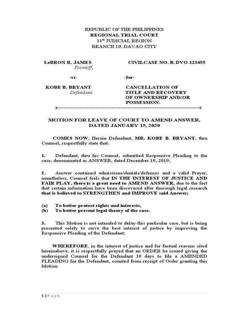 Motion For Leave To Amend Pleading PDF Pleading Public Law