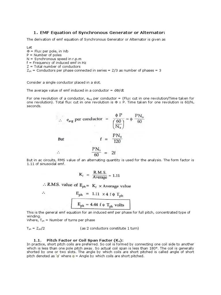 EMF Equation of Alternator and Winding Factors PDF Phase (Waves