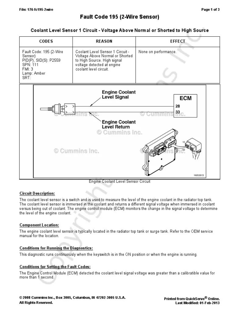 Fault Code 195 (2Wire Sensor) Coolant Level Sensor 1 Circuit