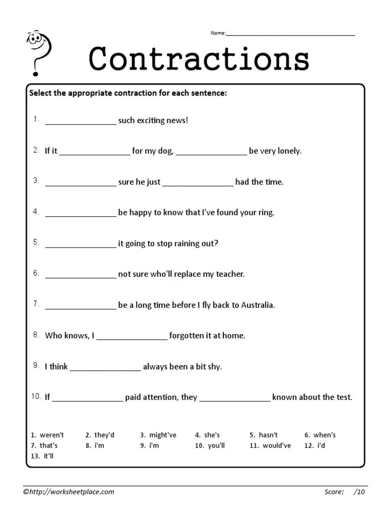 Contraction Worksheet 3 PDF