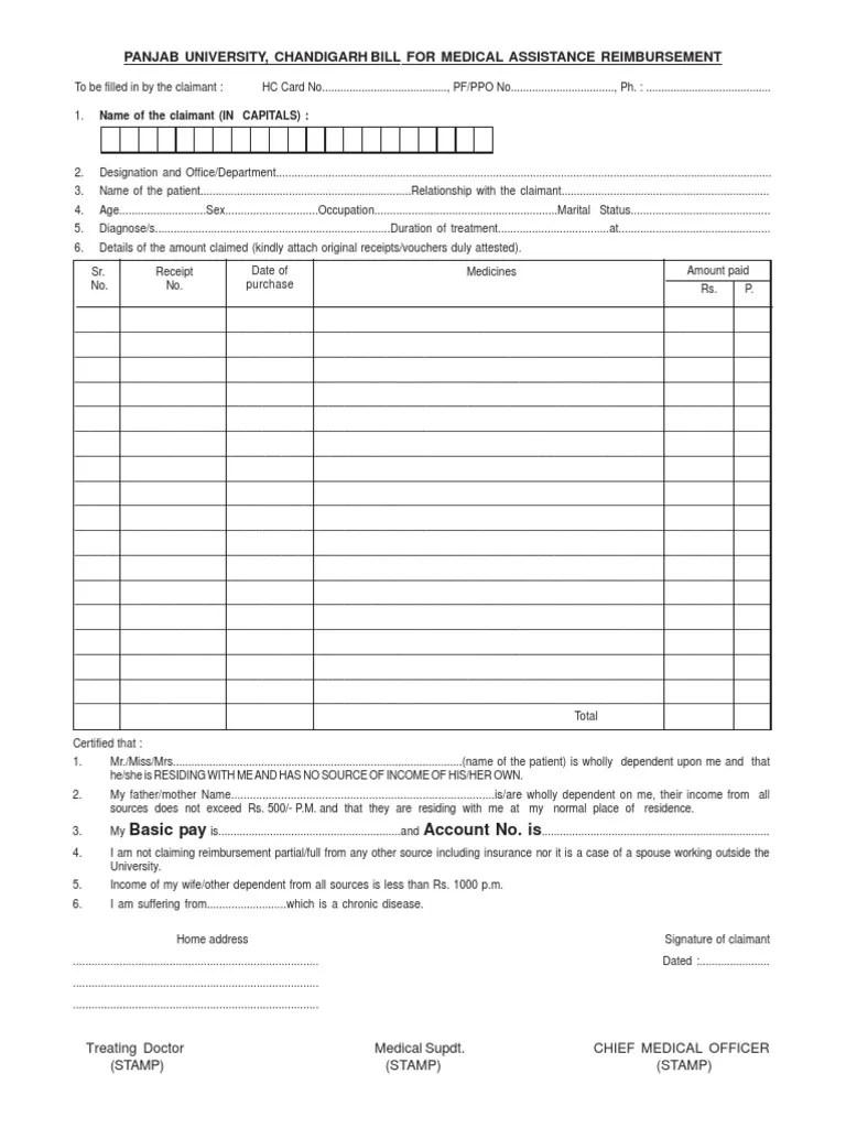 Panjab University, Chandigarh Bill For Medical Assistance Reimbursement